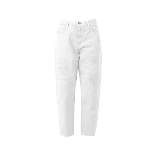 Hoge Taille Versleten Katoenen Jeans Pinko , White , Dames