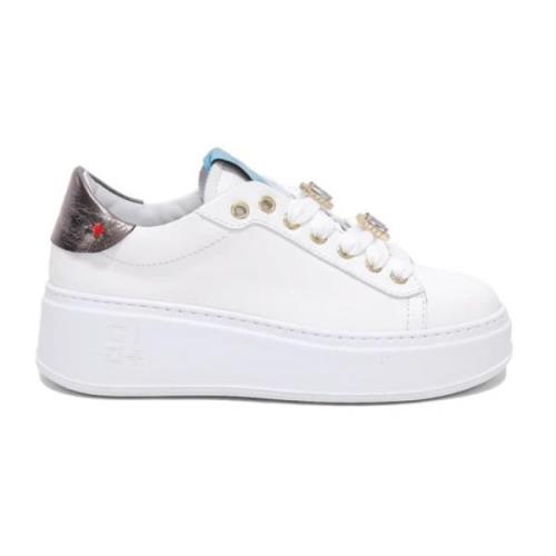 Witte leren sneaker met juweeldetails Gio+ , White , Dames