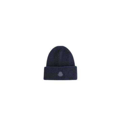 Navy Blue Cashmere Hat Leather Logo Moncler , Blue , Heren