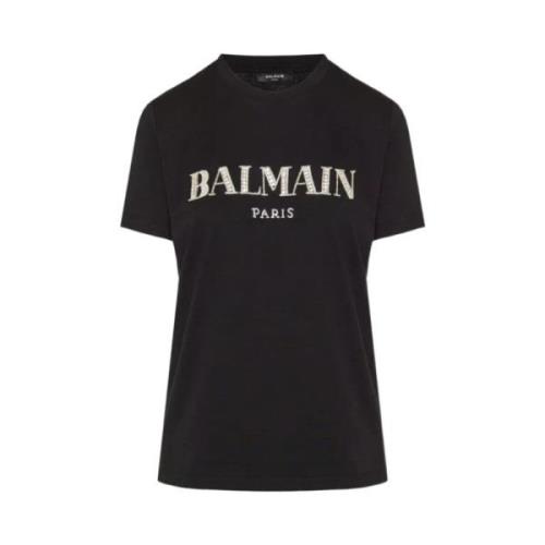 Kristal Logo Zwart T-shirt Balmain , Black , Dames