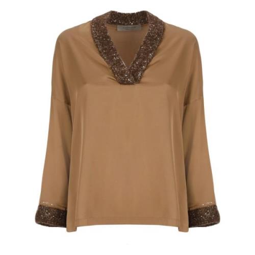 Bruine Pailletten V-Hals Blouse D.Exterior , Brown , Dames