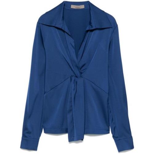 Blauwe Satijnen Blouse met Italiaanse Kraag D.Exterior , Blue , Dames