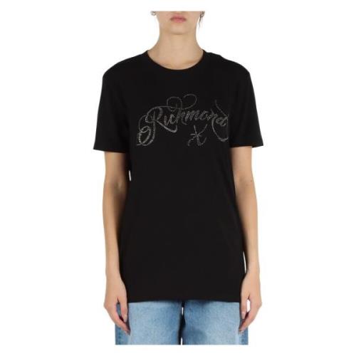 Stretch katoenen T-shirt met strass logo Richmond , Black , Dames