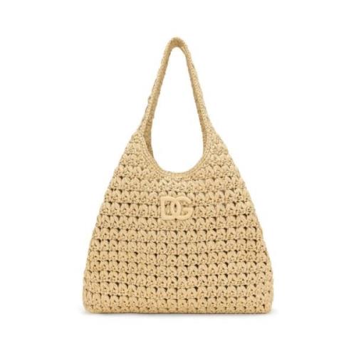 Raffia Tote Tas met Appliqué Logo Dolce & Gabbana , Beige , Dames