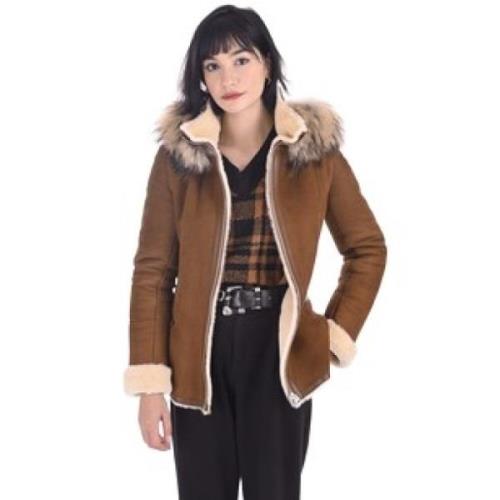 Kameel Fluweel Shearling Hoodie Jas La Canadienne , Brown , Dames