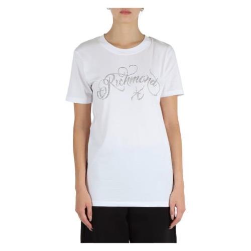 Stretch katoenen T-shirt met strass logo Richmond , White , Dames