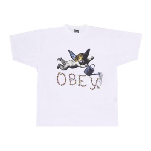 Engel Print Wit Tee Katoen T-Shirt Obey , White , Heren