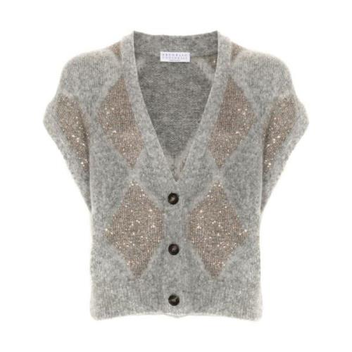 Cardigan met diamantpatroon in grijs wol Brunello Cucinelli , Gray , D...