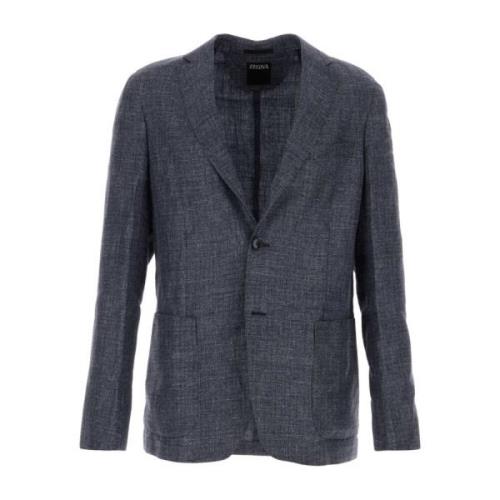 Blauwe linnen blend blazer Z Zegna , Blue , Heren