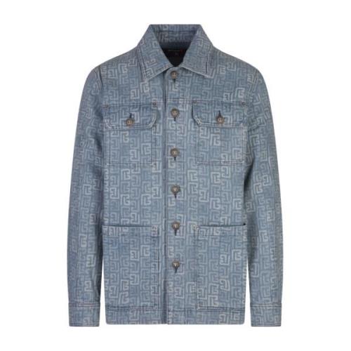 Blauwe Denim Monogram Jas Balmain , Blue , Heren