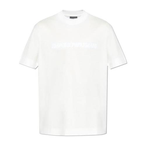 T-shirt met fluwelen afwerking logo Emporio Armani , White , Heren