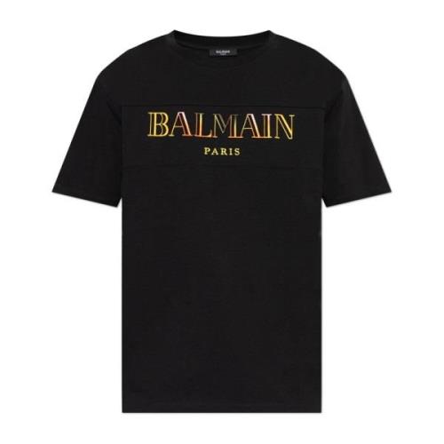 T-shirt met kleurrijk geborduurd logo Balmain , Black , Heren