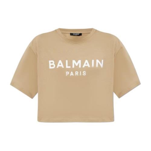 Korte T-shirt met bedrukt logo Balmain , Beige , Dames