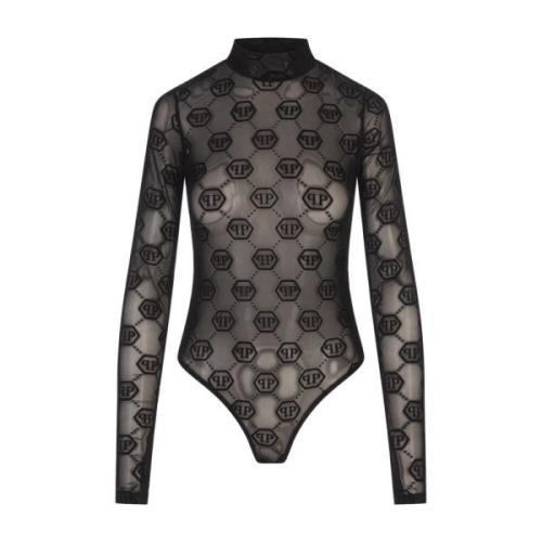 Zwarte Tule Bodysuit Top met Monogram Philipp Plein , Black , Dames