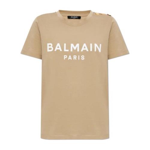 T-shirt met bedrukt logo Balmain , Beige , Dames