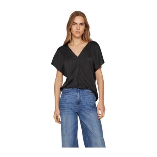 Satin V-Hals Korte Mouw T-Shirt Vila , Black , Dames