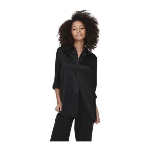 Satin Loose Victoria Shirt Only , Black , Dames