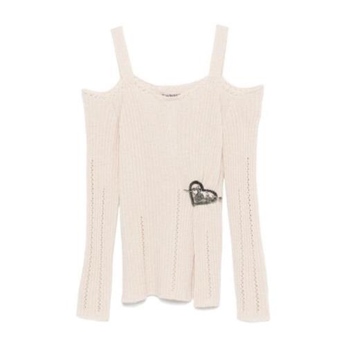 Beige Ribgebreide Trui met Broche Twinset , Beige , Dames