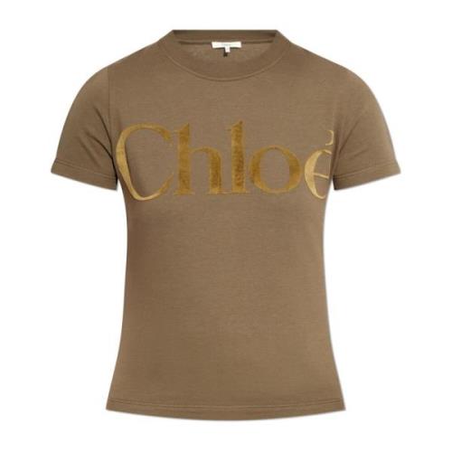 T-shirt met fluwelen logofinish Chloé , Brown , Dames