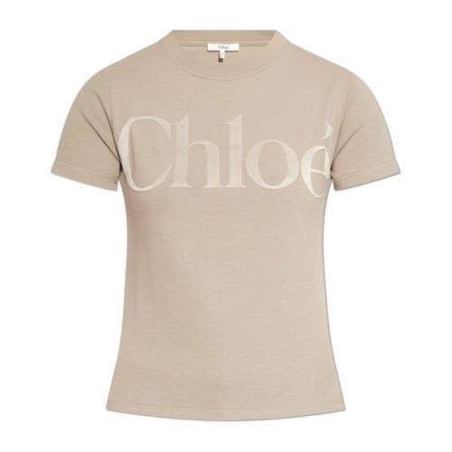 T-shirt met fluwelen logofinish Chloé , Beige , Dames