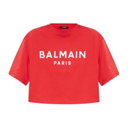 Korte T-shirt met bedrukt logo Balmain , Red , Dames