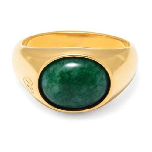 Gold Oval Signet Ring with Green Jade Nialaya , Yellow , Heren