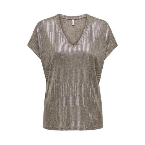 V-hals Top in Humus/Melange met Metallic Only , Brown , Dames