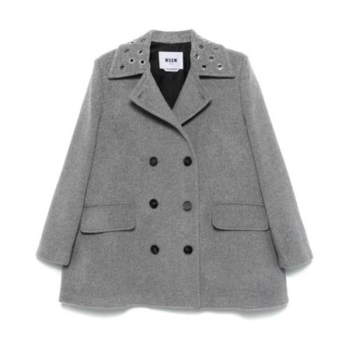 Grijze Wollen Double-Breasted Jas Msgm , Gray , Dames