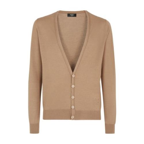 V-hals Wol Cardigan met FF Detail Fendi , Beige , Heren