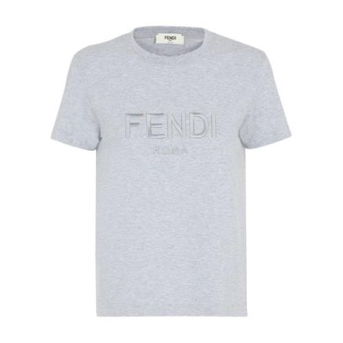 Grijze Logo Geborduurde Crew Neck T-shirt Fendi , Gray , Dames