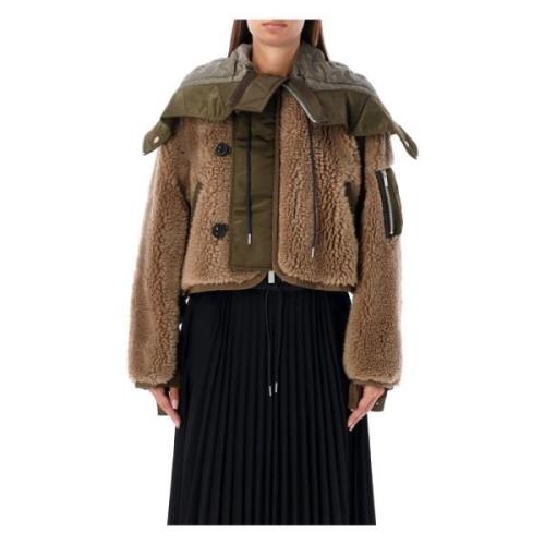 Teddy Cropped Bomber Beige Olive Sacai , Beige , Dames