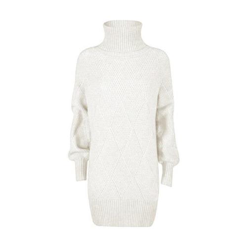 Geruite Geribbelde Coltrui Jurk YES ZEE , White , Dames