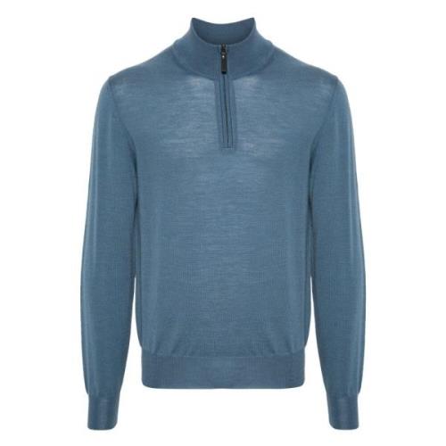 Merino Wol Half-Zip Gebreide Kleding Canali , Blue , Heren