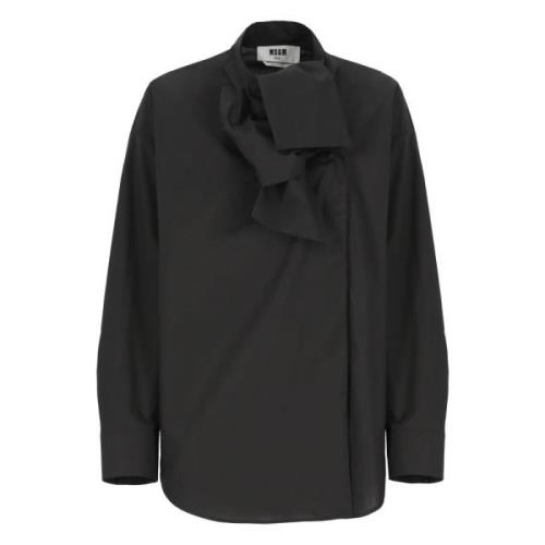 Zwarte Katoenen V-Hals Shirt met Lange Mouwen Msgm , Black , Dames