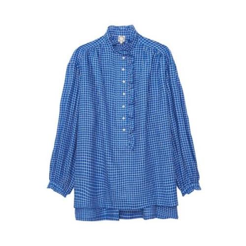 Oversized Maryange shirt met ruches in blauw linnen Ines De La Fressan...