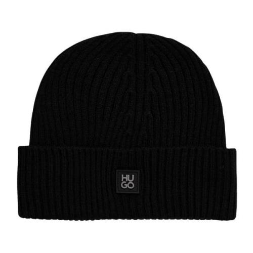 Zwarte Wol Logo Beanie Hoed Hugo Boss , Black , Heren