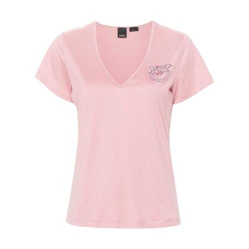 V-hals geborduurd T-shirt Pinko , Pink , Dames