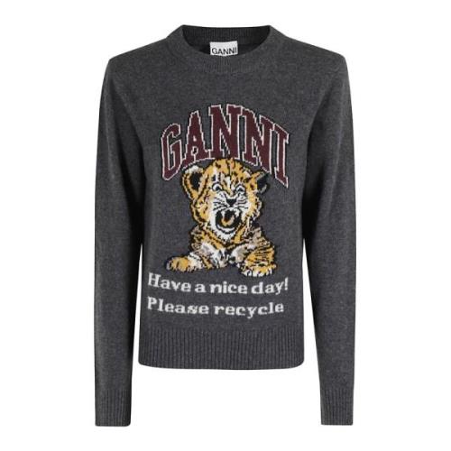 Tijger Grafische Wol Crewneck Trui Ganni , Gray , Dames