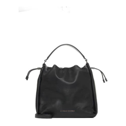 Zwarte Leren Bucket Bag met Monile Details Brunello Cucinelli , Black ...