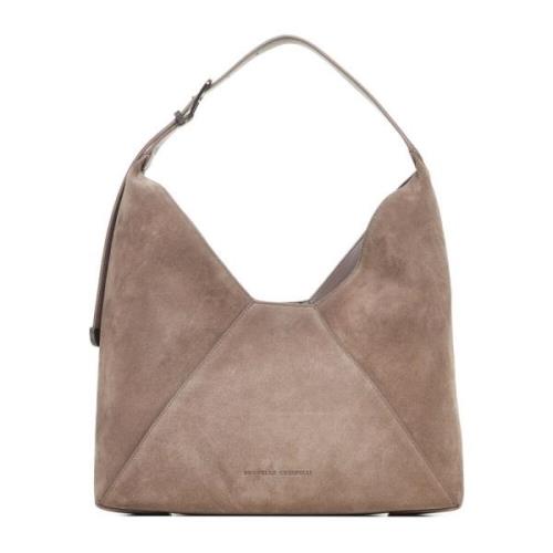 Grijze suède hobo tas met Monile-details Brunello Cucinelli , Beige , ...