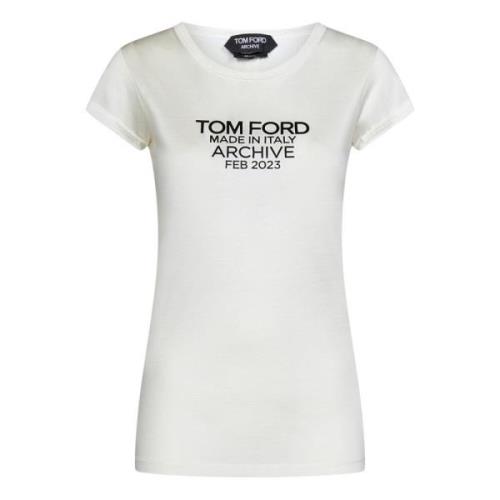 Zijden Jersey Aansluitend T-Shirt met Logo Tom Ford , White , Dames