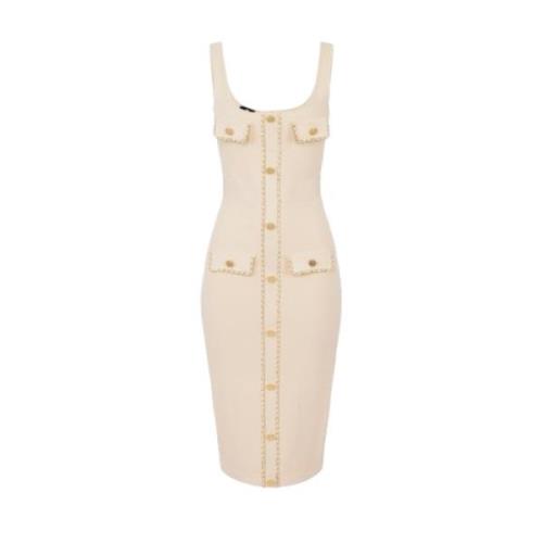 Crème Midi Jurk met Gouden Knopen Elisabetta Franchi , Beige , Dames