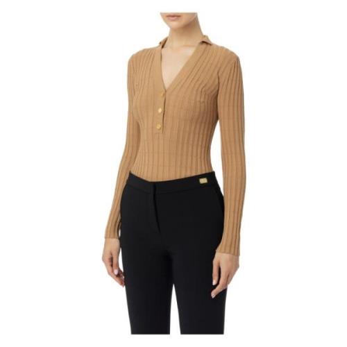 Geribbelde viscose trui met gouden knopen Elisabetta Franchi , Brown ,...