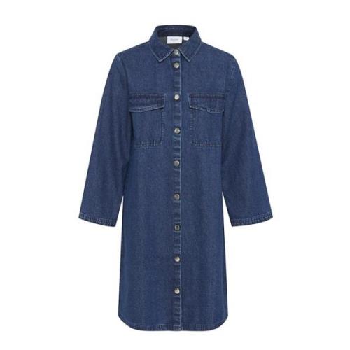 Denim Jurk met Overhemdkraag en Zakken Saint Tropez , Blue , Dames