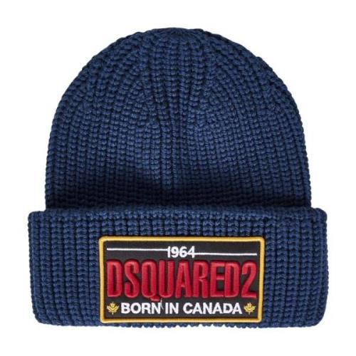 Blauwe wollen muts met logopatch Dsquared2 , Blue , Heren