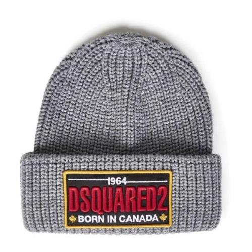 Chunky Ribbed Wool Beanie Grijs Dsquared2 , Gray , Heren