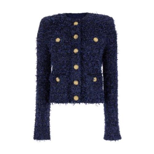 Blauwe Kraagloze Tweed Jas met Metalen Patroon Balmain , Blue , Dames