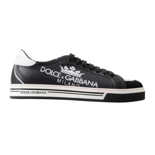 Zwarte Leren Lage Sneakers Print Dolce & Gabbana , Black , Heren