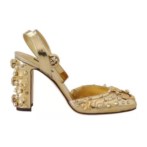 Gouden Kristal Studs Leren Slingback Sandalen Dolce & Gabbana , Yellow...