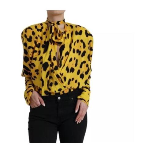 Luipaardprint Ascot Kraag Blouse Bodysuit Dolce & Gabbana , Yellow , D...